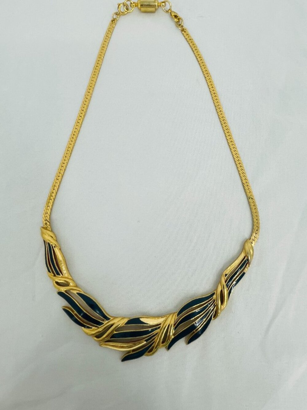 Vintage 1980s Trifari Gold Tone with Navy Blue Leaf Design Necklace